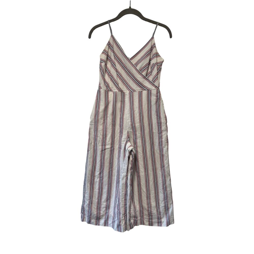 Banana Republic Petite 0 Linen Blend Striped Wide Leg Jumpsuit White Pink Blue - Picture 2 of 12